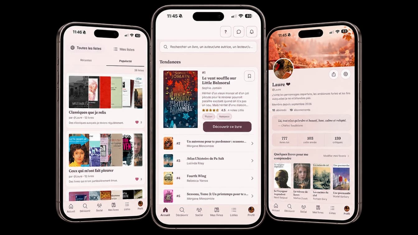 L'application Litlio sur trois téléphones : listes, tendances et profil